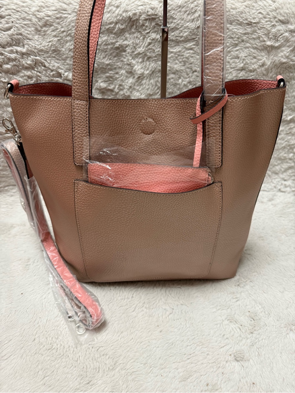 Taupe and Coral Reversible Pebbled Tote - Women